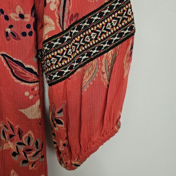 Anthropologie RD & Koko Embroidered Top Puff Sleeve Boho Hippie Orange Blue Med - Picture 6 of 9